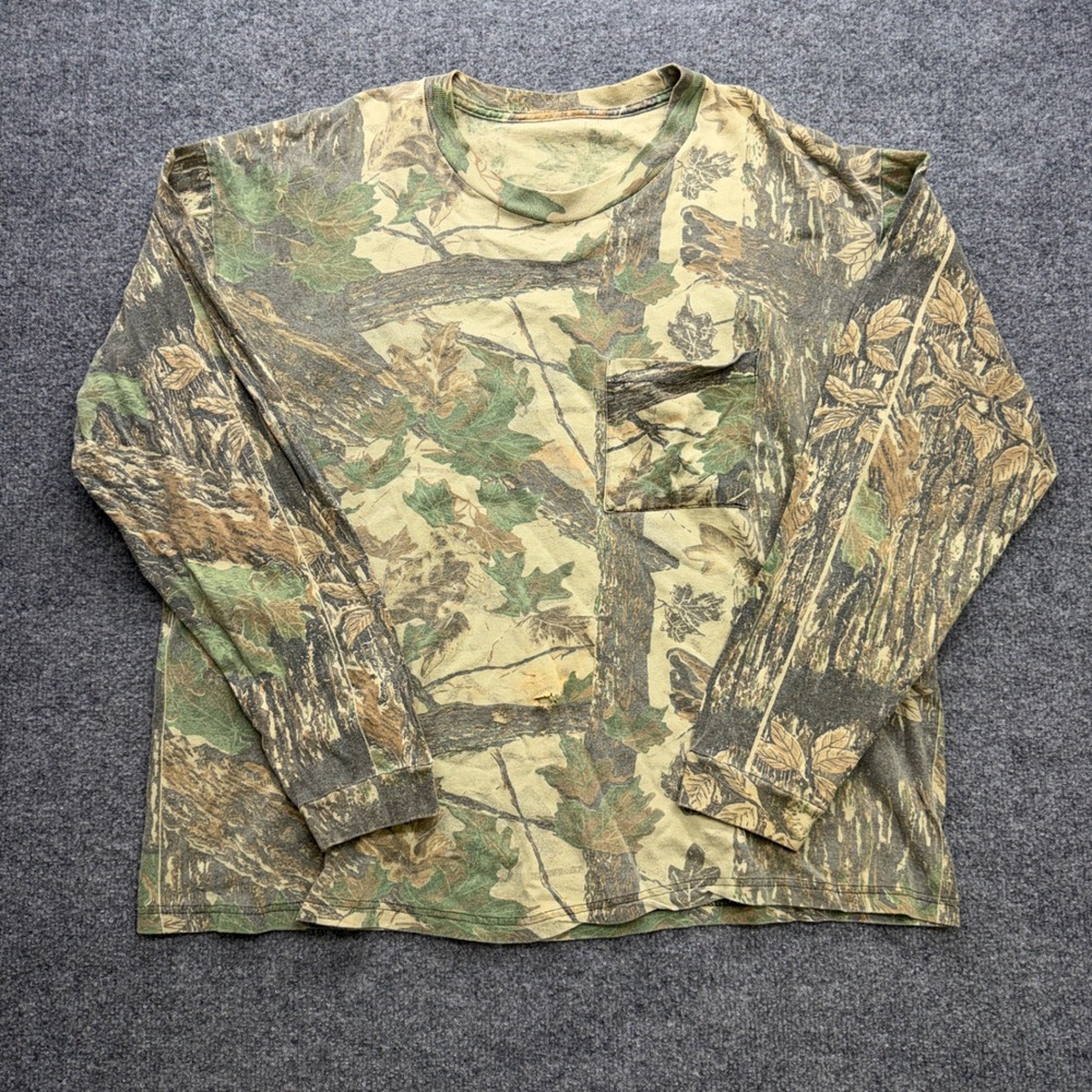 Vintage Real Tree Camo Long Sleeve Pocket T-Shirt Mens XL Distressed Hunting Tee